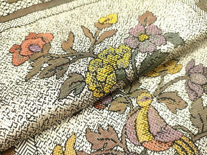 平和屋着物●本場筑前博多織 八寸名古屋帯 花鳥文 正絹 逸品 DAAZ2257op