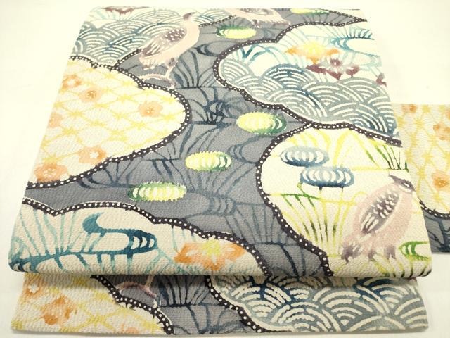 平和屋着物●九寸名古屋帯 型染 花鳥文 鬼しぼ縮緬 正絹 逸品 DAAZ2276op
