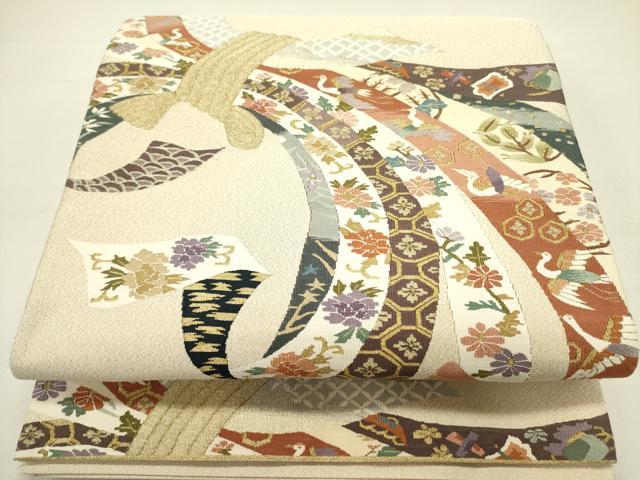 平和屋着物●爪掻き本綴れ 太鼓柄袋帯 束ね熨斗花文 金糸 正絹 逸品 未使用 DAAZ2308op