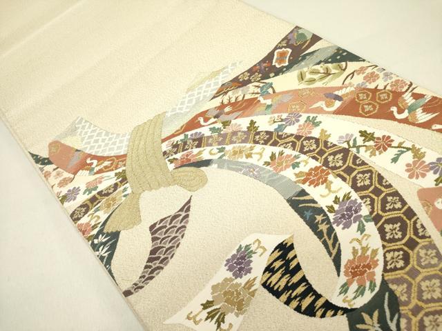 平和屋着物●爪掻き本綴れ 太鼓柄袋帯 束ね熨斗花文 金糸 正絹 逸品 未使用 DAAZ2308op
