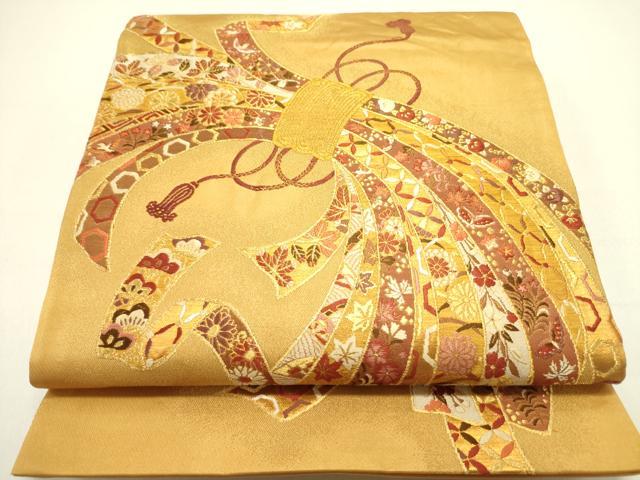平和屋着物●太鼓柄袋帯 唐織 束ね熨斗花文 純金箔 正絹 逸品 DAAZ2314op