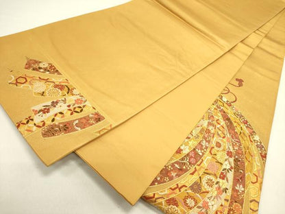 平和屋着物●太鼓柄袋帯 唐織 束ね熨斗花文 純金箔 正絹 逸品 DAAZ2314op