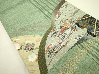 平和屋着物●太鼓柄袋帯 紬地 風景花文 切嵌 金彩 正絹 逸品 未使用 DAAZ2334op