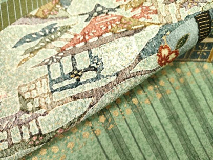 平和屋着物●太鼓柄袋帯 紬地 風景花文 切嵌 金彩 正絹 逸品 未使用 DAAZ2334op