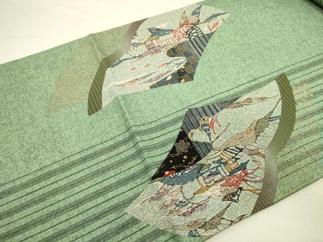 平和屋着物●太鼓柄袋帯 紬地 風景花文 切嵌 金彩 正絹 逸品 未使用 DAAZ2334op