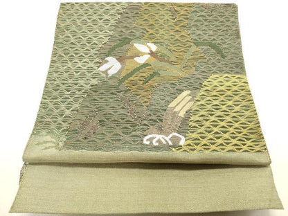 平和屋着物●八寸名古屋帯　すくい織　草花文　金糸　正絹　逸品　DAAZ2343op
