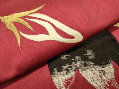 平和屋着物●アンティーク　大正ロマン　八寸名古屋帯　刺繍　一重帯　茄子　ナス　草花　成り物　金銀糸　正絹　逸品　DAAZ2369op
