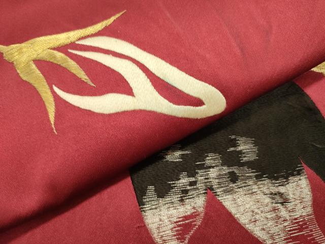 平和屋着物●アンティーク　大正ロマン　八寸名古屋帯　刺繍　一重帯　茄子　ナス　草花　成り物　金銀糸　正絹　逸品　DAAZ2369op