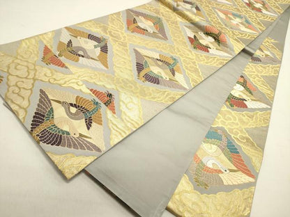 平和屋着物●六通柄袋帯　唐織　双鶴菱文　金糸　正絹　逸品　DAAZ2375op