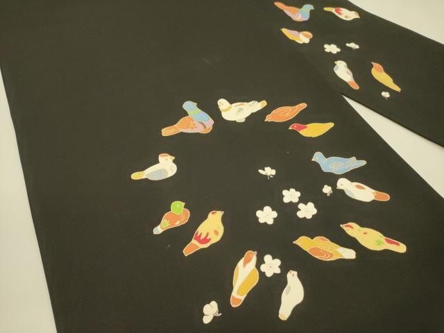 平和屋着物●塩瀬　九寸名古屋帯　舞梅　鳩　ハト　黒地　金彩　正絹　逸品　DAAZ2407op