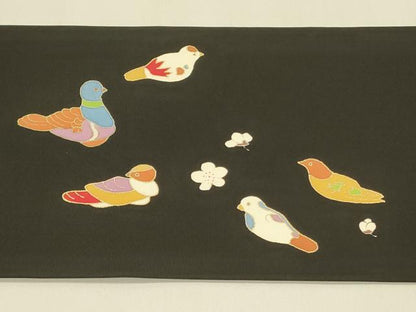 平和屋着物●塩瀬　九寸名古屋帯　舞梅　鳩　ハト　黒地　金彩　正絹　逸品　DAAZ2407op