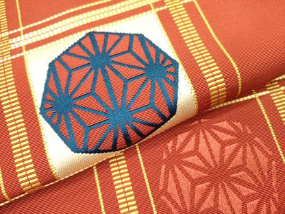 平和屋着物●本場筑前博多織 八寸名古屋帯 麻の葉格子文 正絹 逸品 DAAZ2422op