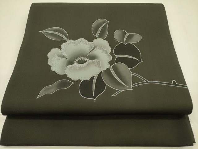 平和屋着物○塩瀬 九寸開き名古屋帯 手描き 刺繍 草花 黒地 正絹 逸品