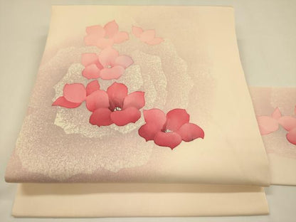 平和屋着物●塩瀬 九寸名古屋帯 舞花 銀彩 正絹 逸品 DAAZ2424op
