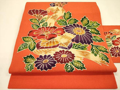 平和屋着物●九寸名古屋帯　型染　草花　鬼しぼ縮緬　正絹　逸品　DAAZ2427op