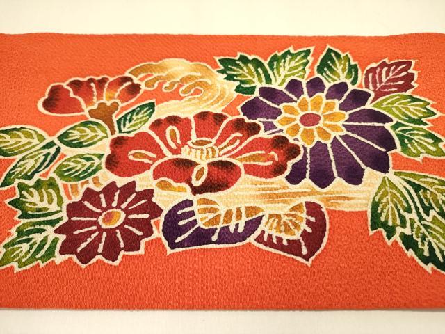 平和屋着物●九寸名古屋帯　型染　草花　鬼しぼ縮緬　正絹　逸品　DAAZ2427op