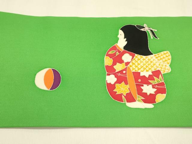 平和屋着物●塩瀬 九寸名古屋帯 鞠 童子 金彩 正絹 逸品 未使用 DAAZ2443op