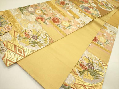 平和屋着物●六通柄袋帯　唐織　能段花菱文　金糸　正絹　逸品　DAAZ2447op