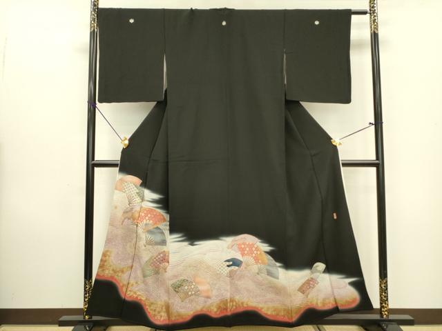平和屋着物■豪華黒留袖　駒刺繍　萬寿染　扇面吉祥文　暈し染め　金彩　正絹　逸品　DAAZ2570op