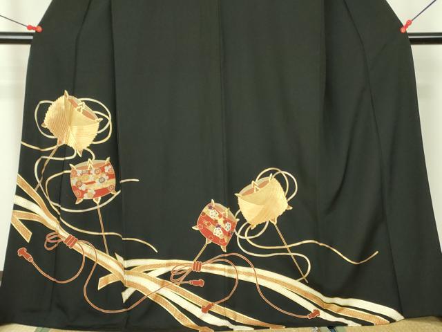 平和屋着物■豪華黒留袖　駒刺繍　糸車花文　金糸　正絹　逸品　DAAZ2650op