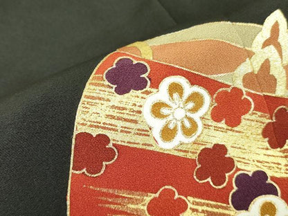 平和屋着物■豪華黒留袖　駒刺繍　糸車花文　金糸　正絹　逸品　DAAZ2650op