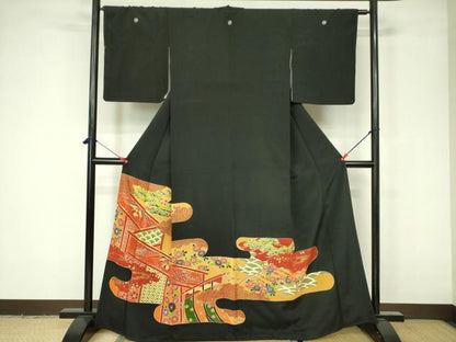 平和屋着物■豪華黒留袖　駒刺繍　鳳凰吉祥花文　金彩　正絹　逸品　DAAZ2659op