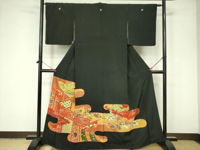 平和屋着物■豪華黒留袖　駒刺繍　鳳凰吉祥花文　金彩　正絹　逸品　DAAZ2659op