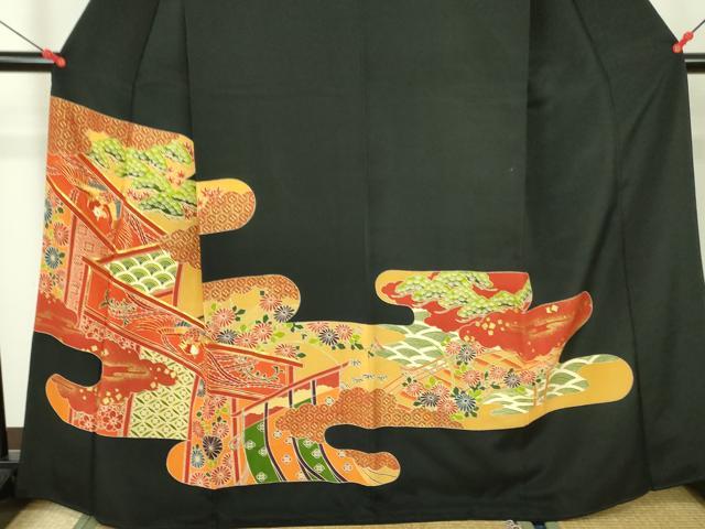 平和屋着物■豪華黒留袖　駒刺繍　鳳凰吉祥花文　金彩　正絹　逸品　DAAZ2659op