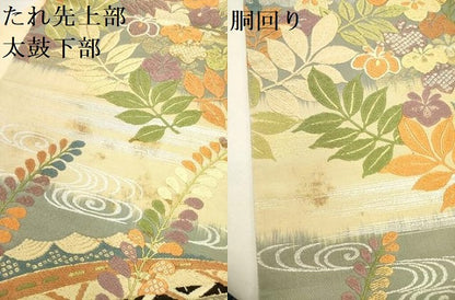 平和屋着物●全通柄袋帯　唐織　流水花文　金銀糸　正絹　逸品　DAAZ2808op