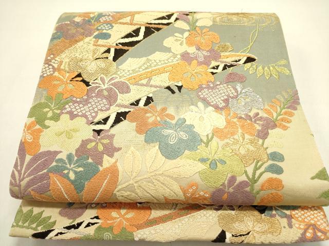 平和屋着物●全通柄袋帯　唐織　流水花文　金銀糸　正絹　逸品　DAAZ2808op