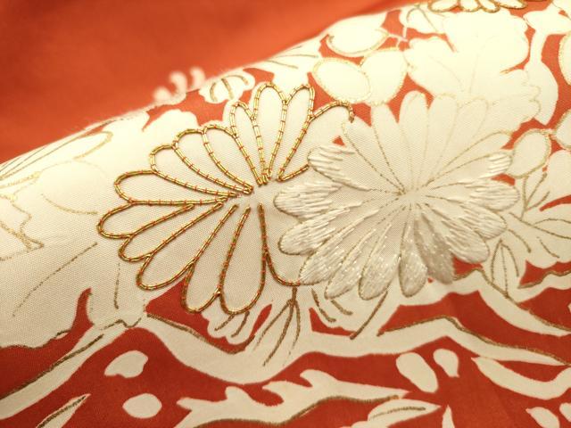 平和屋着物●九寸名古屋帯　駒刺繍　草花　金彩　正絹　逸品　DAAZ2809op