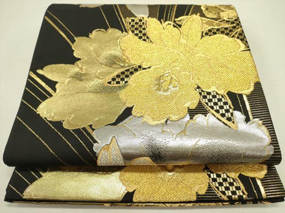 平和屋着物●六通柄袋帯 牡丹 黒地 金銀糸 正絹 逸品 DAAZ2812op