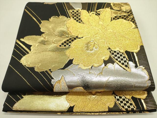 平和屋着物●六通柄袋帯 牡丹 黒地 金銀糸 正絹 逸品 DAAZ2812op
