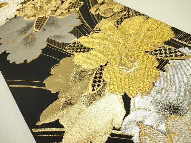 平和屋着物●六通柄袋帯 牡丹 黒地 金銀糸 正絹 逸品 DAAZ2812op