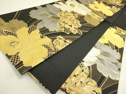 平和屋着物●六通柄袋帯 牡丹 黒地 金銀糸 正絹 逸品 DAAZ2812op