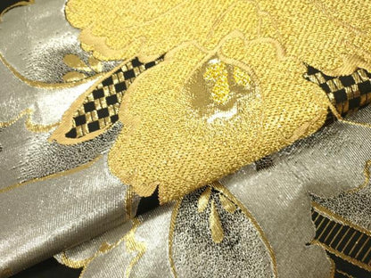 平和屋着物●六通柄袋帯 牡丹 黒地 金銀糸 正絹 逸品 DAAZ2812op