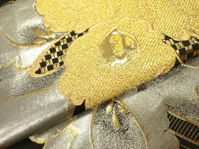 平和屋着物●六通柄袋帯 牡丹 黒地 金銀糸 正絹 逸品 DAAZ2812op
