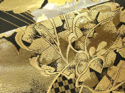 平和屋着物●六通柄袋帯 牡丹 黒地 金銀糸 正絹 逸品 DAAZ2812op