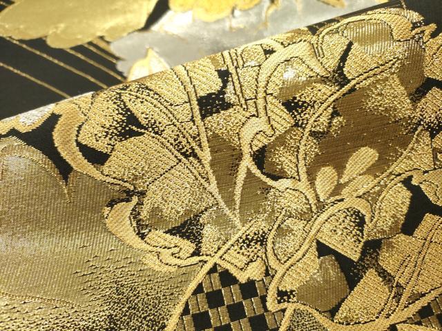 平和屋着物●六通柄袋帯 牡丹 黒地 金銀糸 正絹 逸品 DAAZ2812op