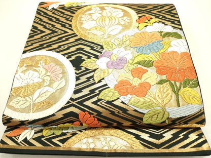 平和屋着物●六通柄袋帯　唐織　草花丸文　黒地　金糸　正絹　逸品　DAAZ2824op
