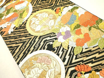 平和屋着物●六通柄袋帯　唐織　草花丸文　黒地　金糸　正絹　逸品　DAAZ2824op
