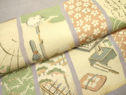 平和屋着物●アンティーク　大正ロマン　両面　全通柄京袋帯　駒刺繍　短冊文　正絹　逸品　DAAZ2831op