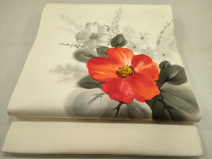 平和屋着物●塩瀬　九寸開き名古屋帯　作家物　手描き　草花　正絹　逸品　DAAZ2839op
