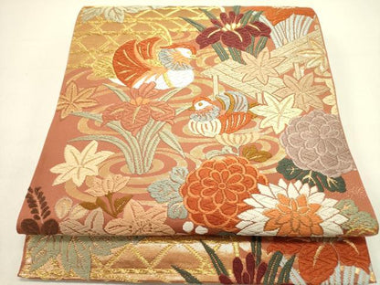 平和屋着物▼六通柄袋帯　唐織　鴛鴦花文　金糸　正絹　逸品　DAAZ2859op