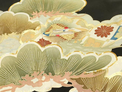平和屋着物■黒留袖　駒刺繍　飛鶴花松文　金彩　洗える着物　DAAZ2885op