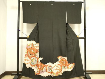 平和屋着物■豪華黒留袖　駒刺繍　双鶴花松文　金彩　正絹　逸品　DAAZ2898op
