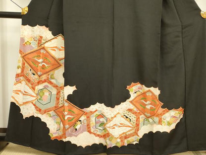 平和屋着物■豪華黒留袖　駒刺繍　双鶴花松文　金彩　正絹　逸品　DAAZ2898op