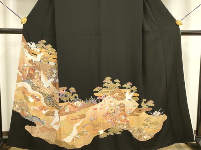 平和屋着物■豪華黒留袖　風景飛鶴花松文　金彩　正絹　逸品　DAAZ2918op