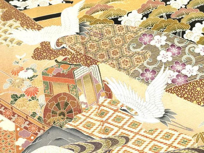 平和屋着物■豪華黒留袖　風景飛鶴花松文　金彩　正絹　逸品　DAAZ2918op