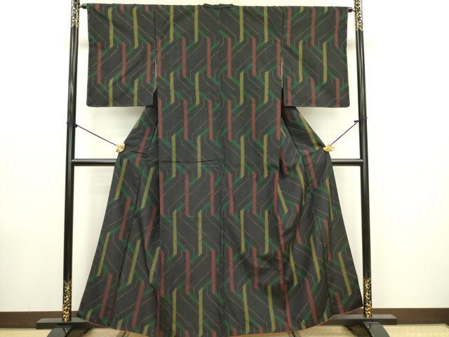 平和屋着物■上質な紬　幾何学文様　黒地　正絹　逸品　DAAZ2988op